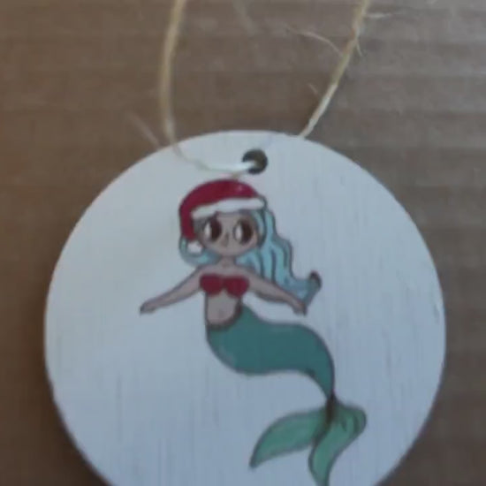 Cute Mermaid Santa hat Cryptic Ornament Collector Mythical Printed Keychain Giftable Gift for Him Gift for her  Wooden