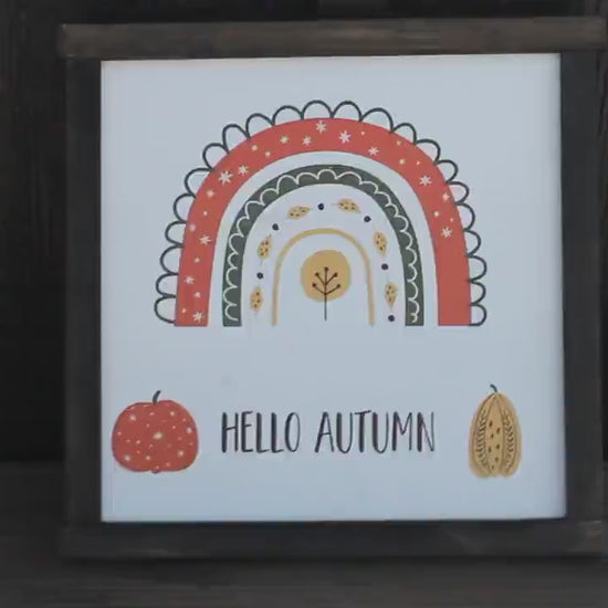Hello Autumn Boho Rainbow Gourd Pumpkin Orange Fall Leaves Best time of the Year handmade wall art Cute Framed