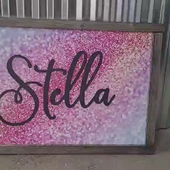 Custom Printed & Raised Name Sign • Glitter Gradient Wood Sign • Personalized Kids Room Decor • Sparkly Framed Name Wall Art