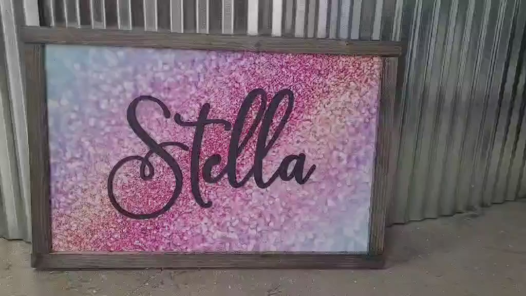 Custom Printed & Raised Name Sign • Glitter Gradient Wood Sign • Personalized Kids Room Decor • Sparkly Framed Name Wall Art