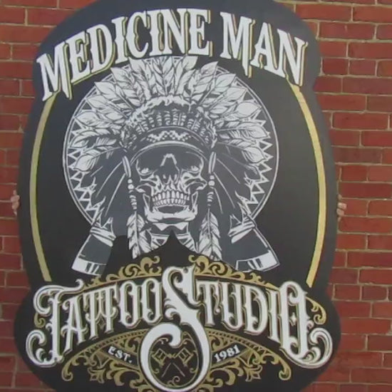 Extra Large Medicine Man Tattoo Studio Sign Raised Text 3D Skull Indian Custom Logo Goth Tribal Classic Western Wooden Personalized Business