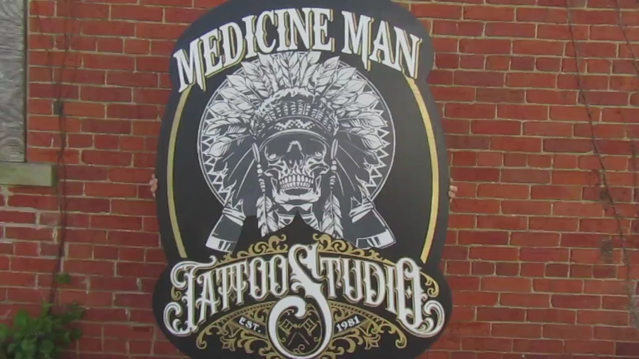 Extra Large Medicine Man Tattoo Studio Sign Raised Text 3D Skull Indian Custom Logo Goth Tribal Classic Western Wooden Personalized Business