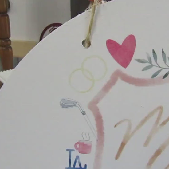 Round Cute Wedding Sign Logo Image File Church Couples Your Design About You Printed In Color on Wood Lightweight Hanging Wedding Decor