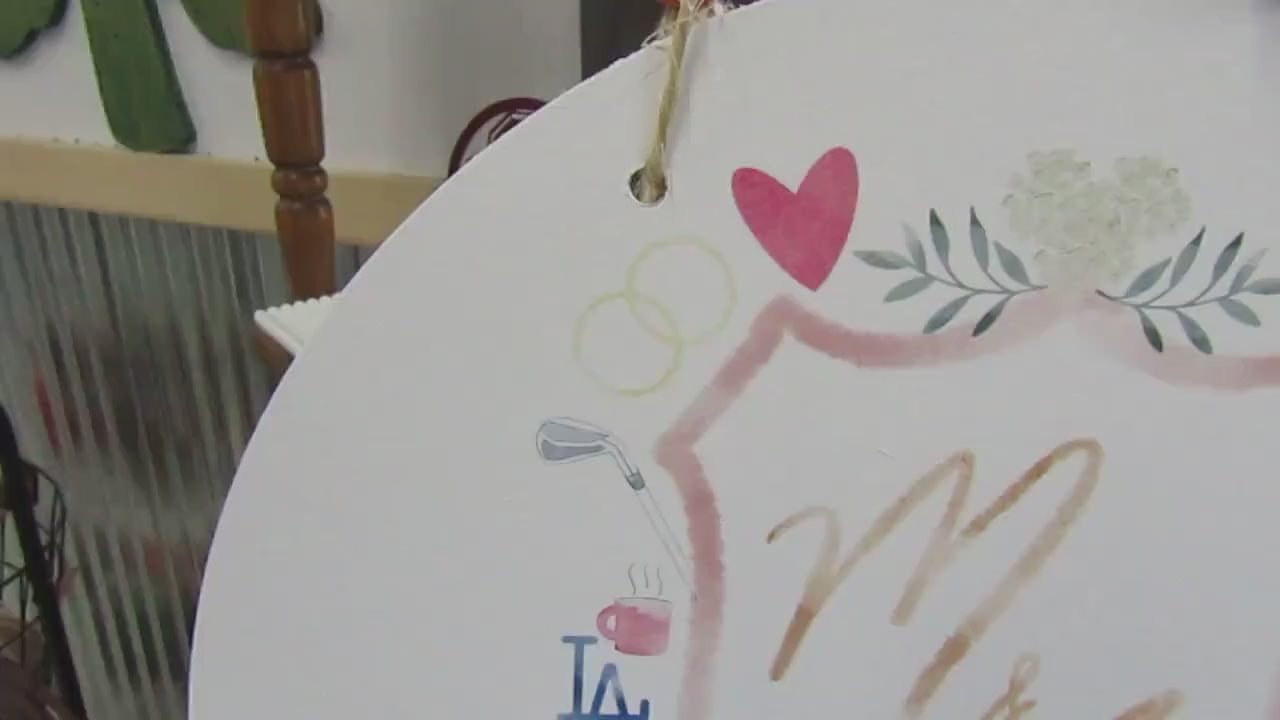 Round Cute Wedding Sign Logo Image File Church Couples Your Design About You Printed In Color on Wood Lightweight Hanging Wedding Decor