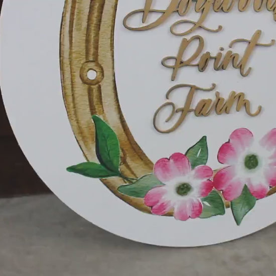 Custom Sign Round Horse shoe Dogwood Flowers Farm Homestead Business Signage  Made to Order  Logo Circle Wooden Handmade