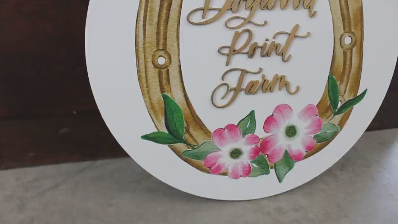 Custom Sign Round Horse shoe Dogwood Flowers Farm Homestead Business Signage  Made to Order  Logo Circle Wooden Handmade