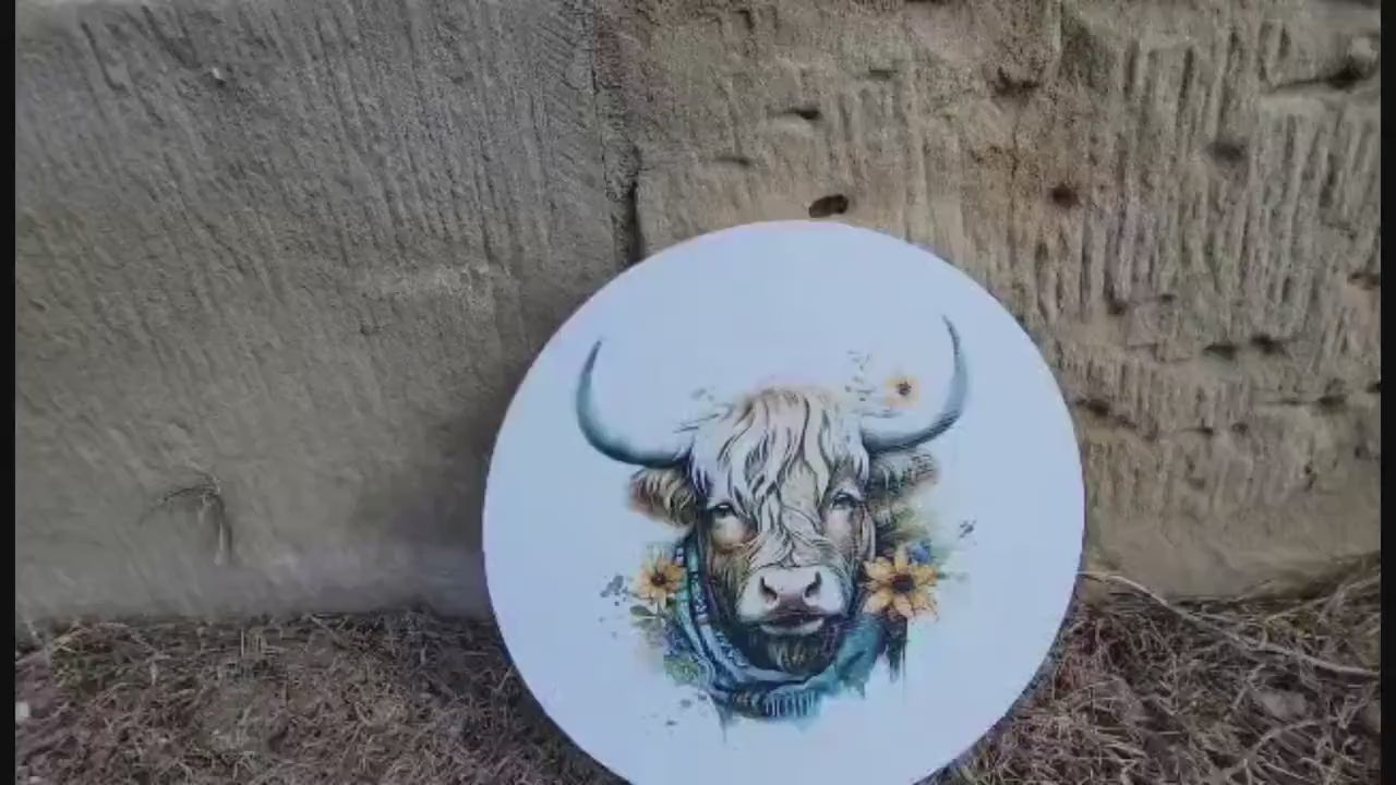 Cow Scarf Furry Highland Sign Flower Sunflower Printed Cow Lovers Porch Girl PVC Weatherproof Doorhanger Outdoor Use