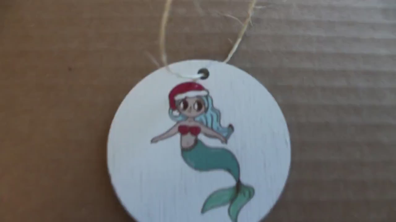 Cute Mermaid Santa hat Cryptic Ornament Collector Mythical Printed Keychain Giftable Gift for Him Gift for her  Wooden