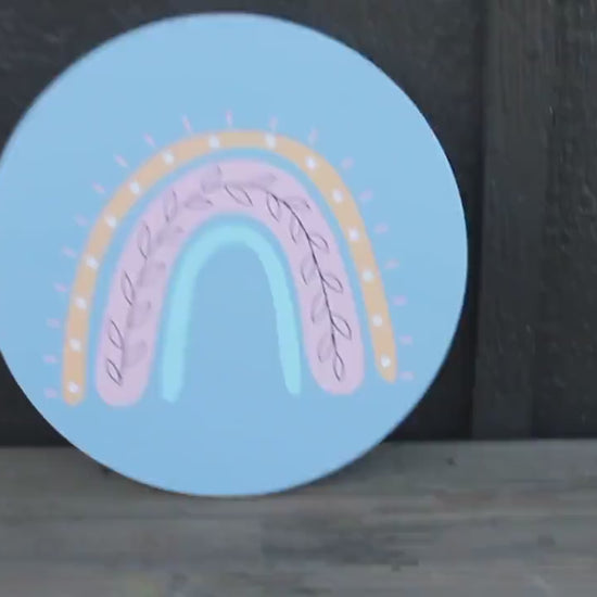 Boho Flower Rainbow Colorful Kids Room Bathroom Play room bohemian Cute Wooden Hanger Wall Art Decor Print