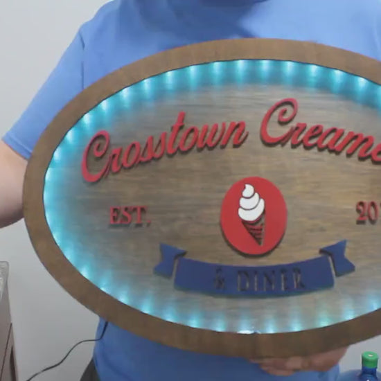 Custom Creamery Eatery Restaurant Ice Cream Wooden Led Elevated Text Raised Words Oval Light Up Indoor Remote Handmade Kitchen Logo