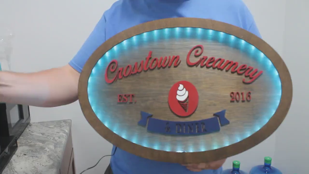 Custom Creamery Eatery Restaurant Ice Cream Wooden Led Elevated Text Raised Words Oval Light Up Indoor Remote Handmade Kitchen Logo