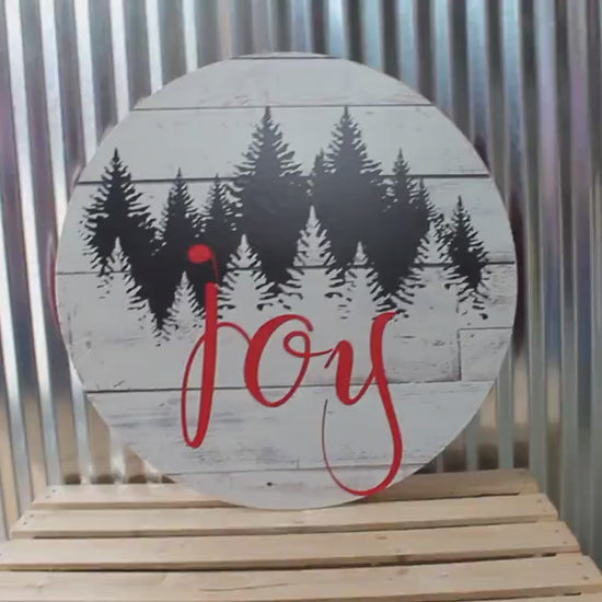 Joy Winter Pine Tree Wood Sign: Rustic Christmas Door Hanger