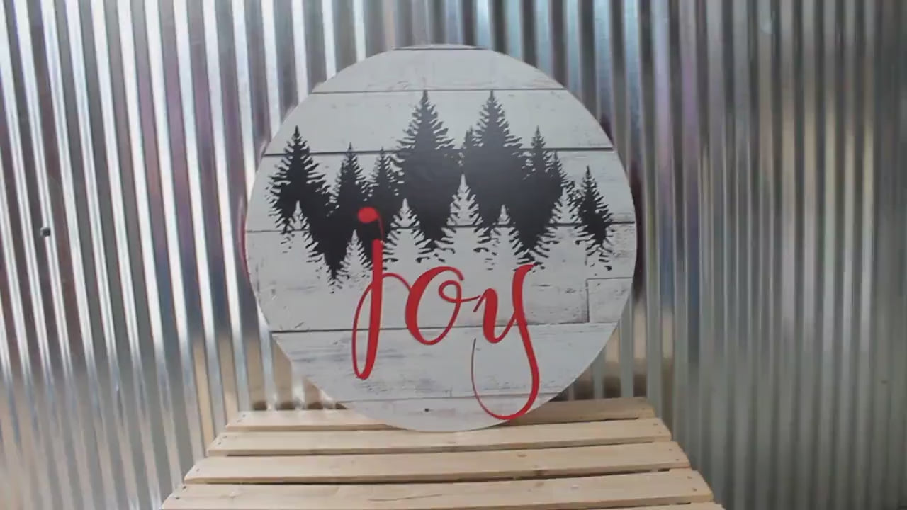 Joy Winter Pine Tree Wood Sign: Rustic Christmas Door Hanger