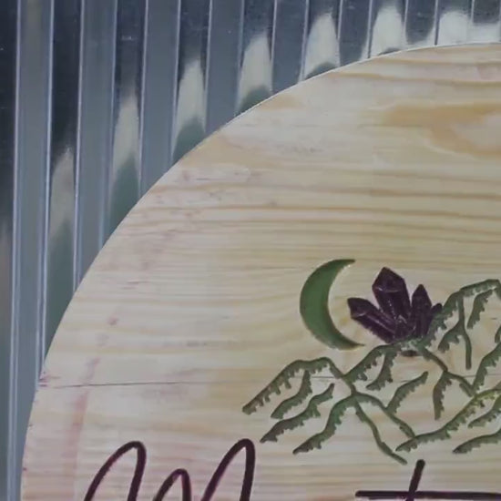 Custom Engraved Wood Business Logo Sign: Mountain, Moon, Trees