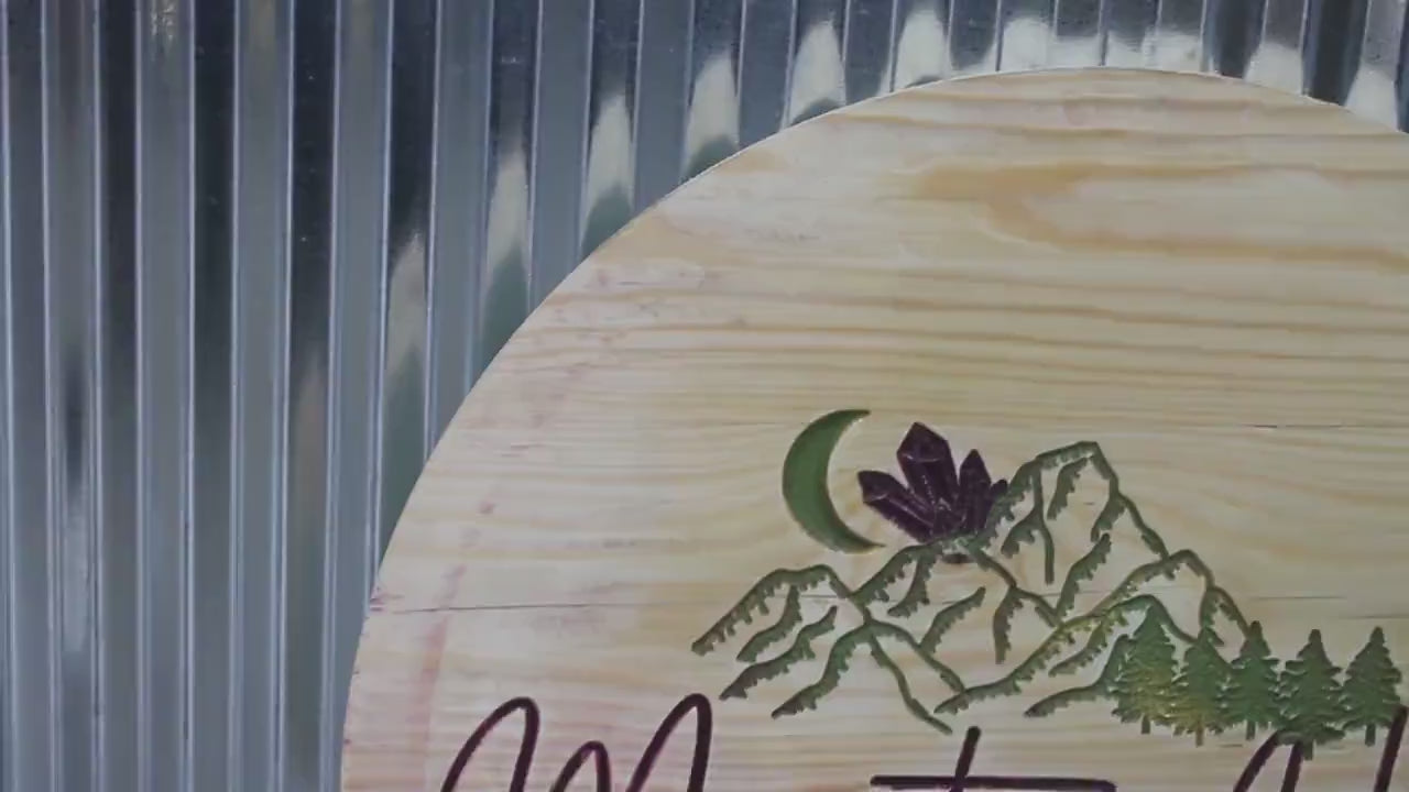 Custom Engraved Wood Business Logo Sign: Mountain, Moon, Trees