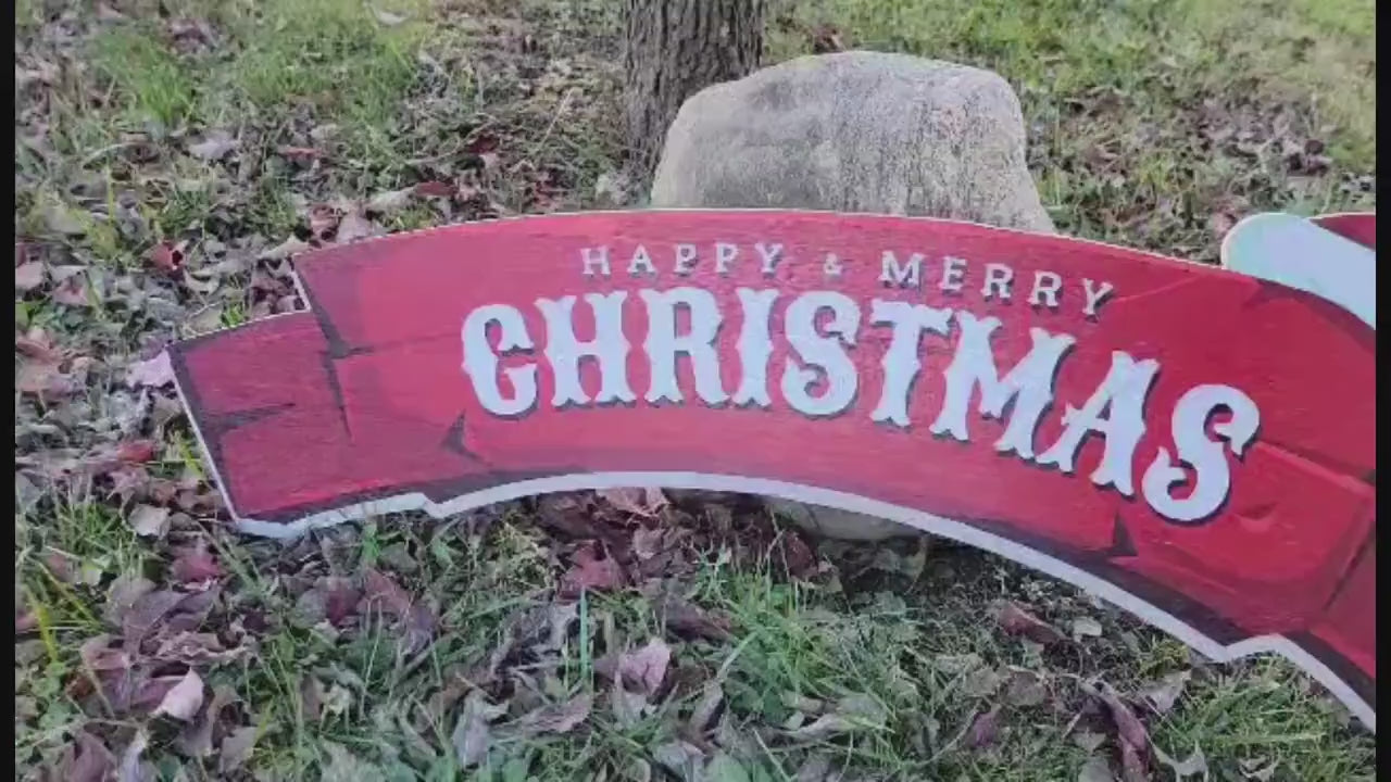 Large Merry and Happy Christmas sign banner for over the door or doorway red wood sign santa hat red and white  on rustic wood planks