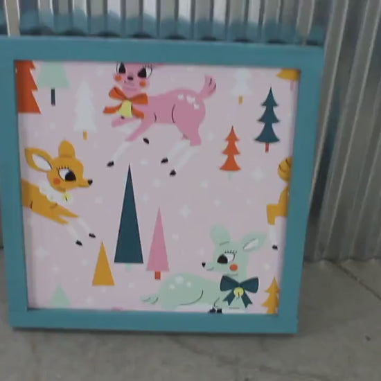 Christmas Reindeer Colorful Festive Holiday Hanging Decorative UV Wood Sign Cute Silly Signage Framed simple design pretty square Decor