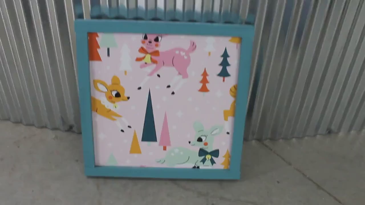 Christmas Reindeer Colorful Festive Holiday Hanging Decorative UV Wood Sign Cute Silly Signage Framed simple design pretty square Decor