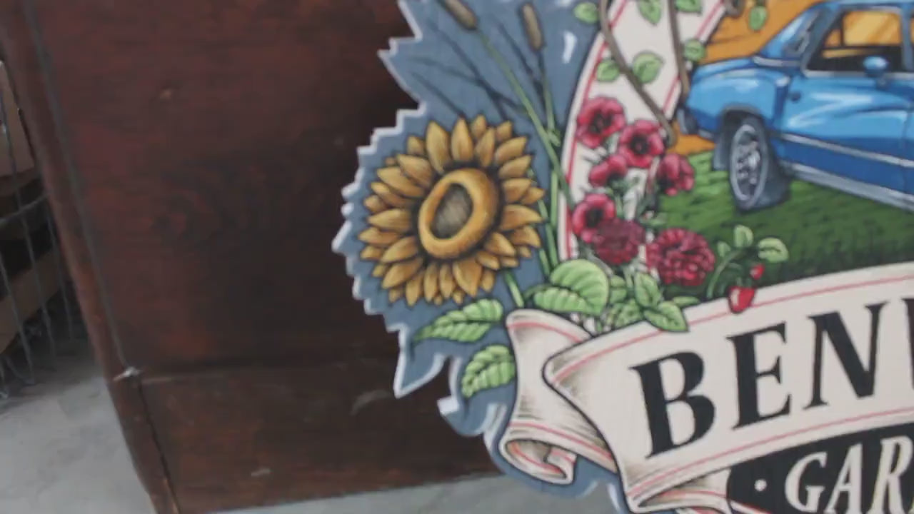 Sustainable Textured Garden Vintage Car Oval Contour Custom Made Sign Your Logo PVC All Weather Outdoor Fade Resistant UV Printed Color