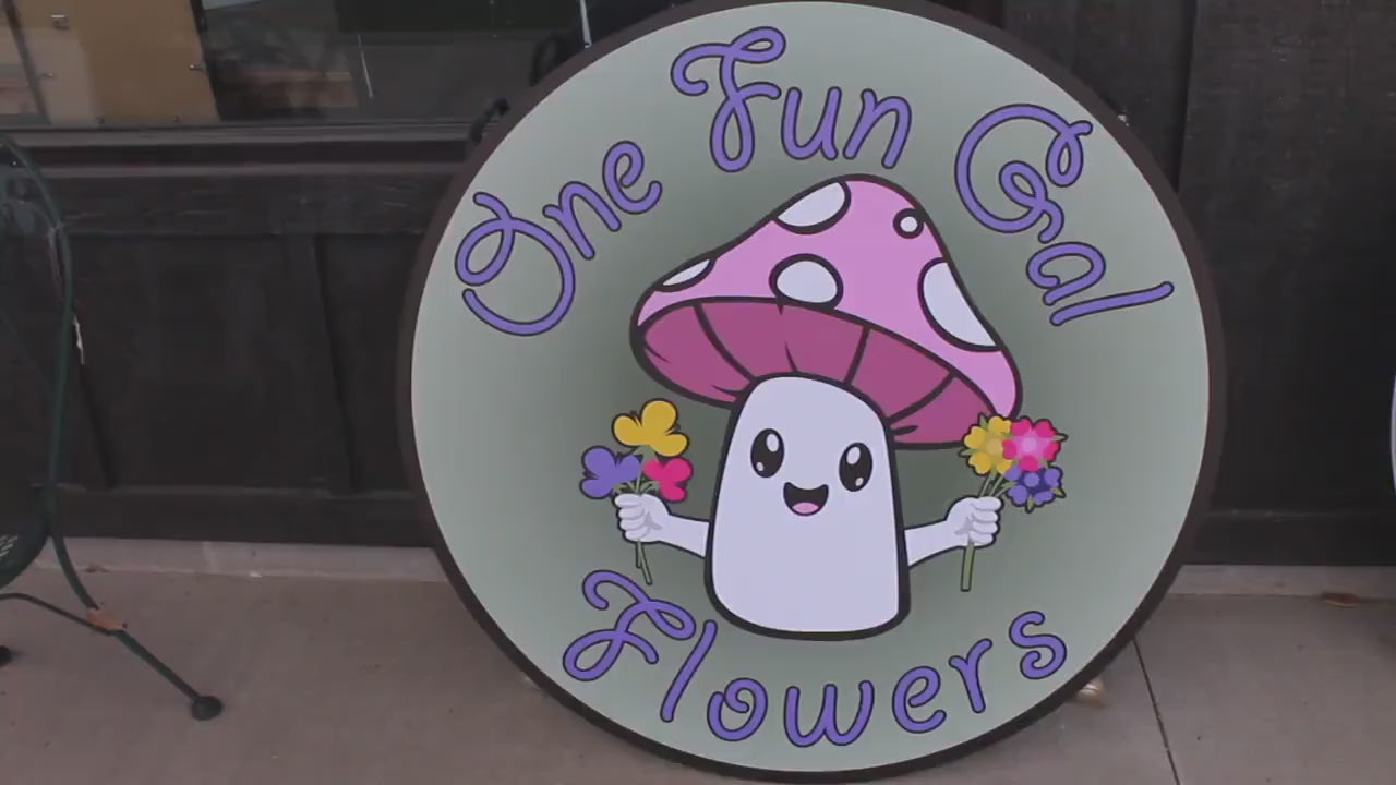 Greenhouse Mushroom Flowers Personalized Waterproof Sign Smooth Round Outdoor Ready for your Business Logo Great for hanging or wall mounted
