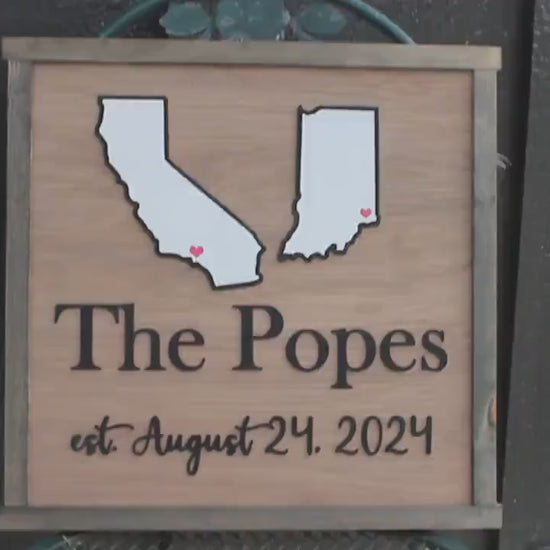 Your Last Name Wood Sign Two States Coming Together Travel 3D Raised Text Location Custom Personalized Your State Established Marriage