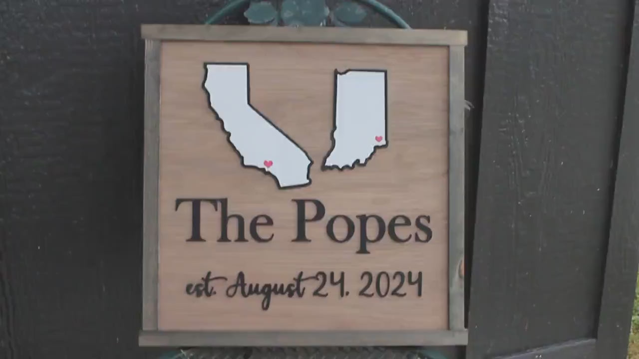 Your Last Name Wood Sign Two States Coming Together Travel 3D Raised Text Location Custom Personalized Your State Established Marriage