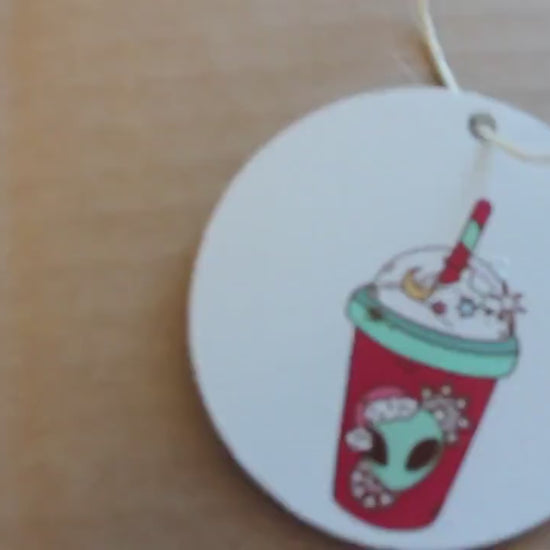Alien Coffee Drink Ornament: Cryptic Printed Wooden Keychain