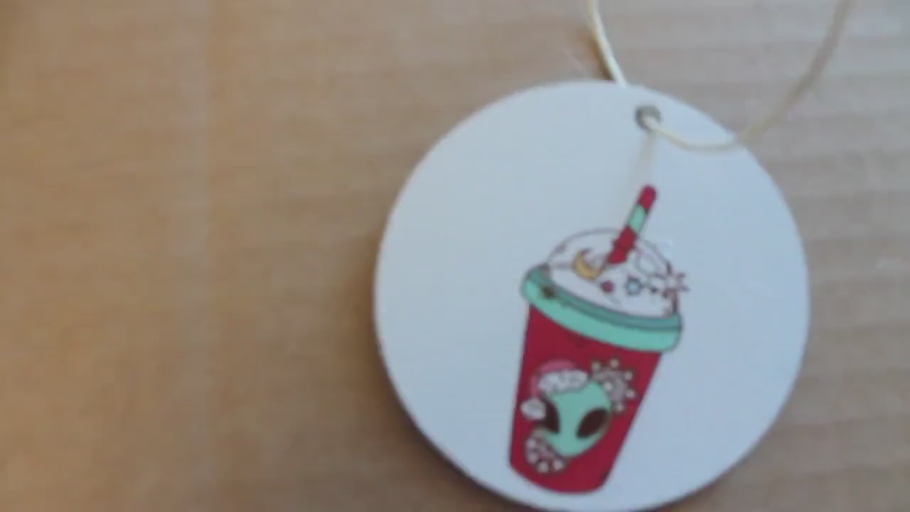 Alien Coffee Drink Ornament: Cryptic Printed Wooden Keychain