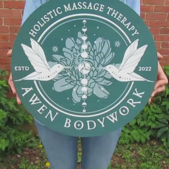 Massage Therapy Sign Bodywork Art Lotus Birds Your Logo Business Sign Commerical signage Printed On Wood Lightweight Hanging Office Sign