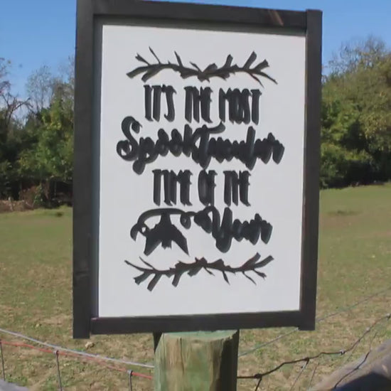 Halloween Spooky Season Spooktacular Sign Time Year Black and White Sticks Bats Chic Cursive Words Sayings Framed 3D Lettering Sticks Wood