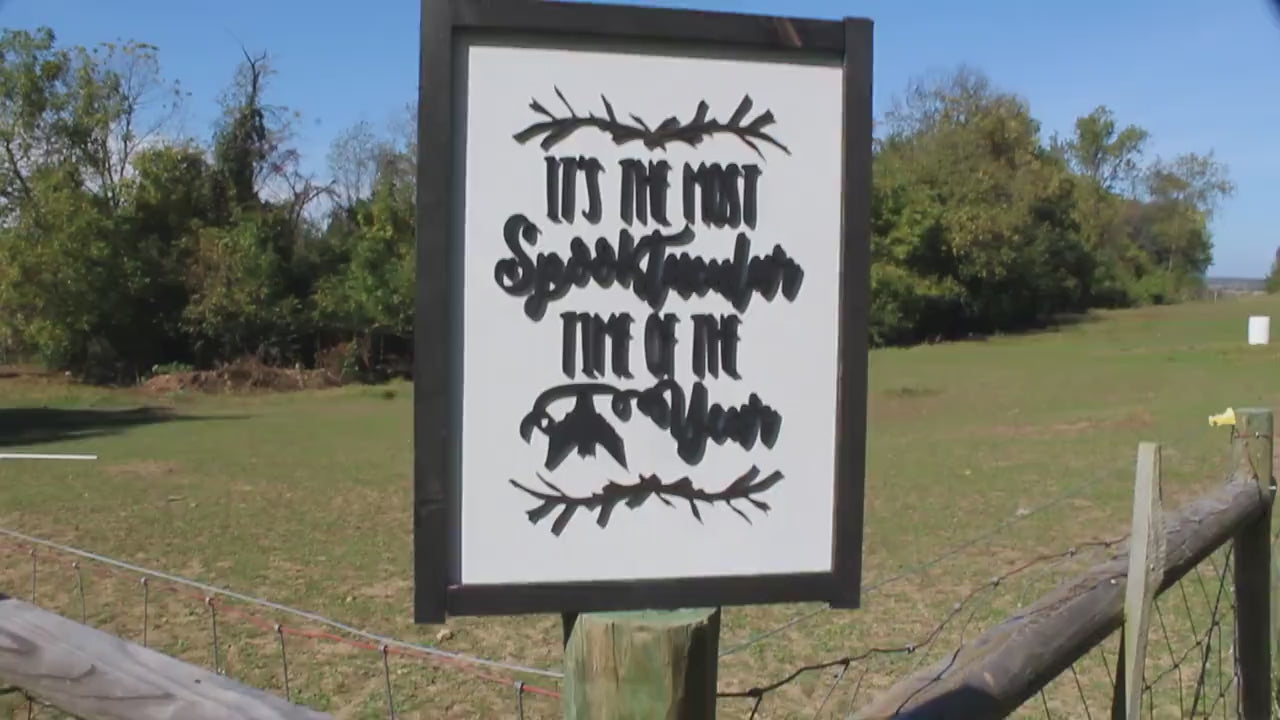 Halloween Spooky Season Spooktacular Sign Time Year Black and White Sticks Bats Chic Cursive Words Sayings Framed 3D Lettering Sticks Wood