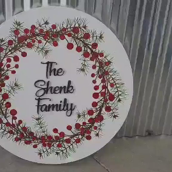 Custom Family Name Wood Sign: Personalized Berry Christmas Wreath