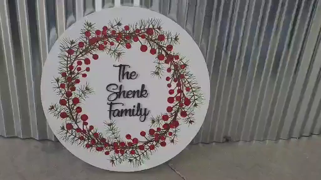Custom Family Name Wood Sign: Personalized Berry Christmas Wreath