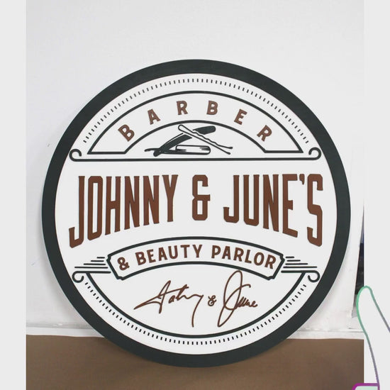 Custom Salon & Barber Sign – Round Wooden Logo Sign with Bobby Pin and Razor Design