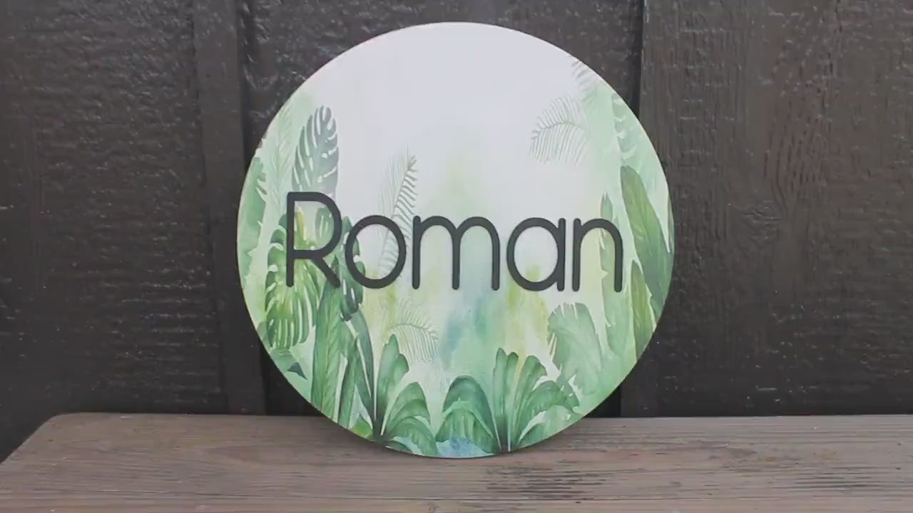 Custom Sign Round Nursery Little Boys Jungle Forest Theme Leaves Personalized  Circle Wooden Handmade Printed and Raised Name Crib