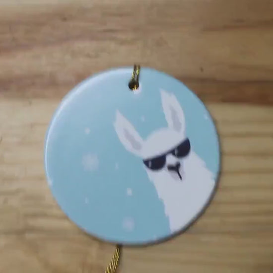 Cool Llama Baby Holiday Ceramic Christmas tree Decoration Animal Ornament Decor Circle Sign Gift Cute Winter Hanging Circle Blue Sunglasses