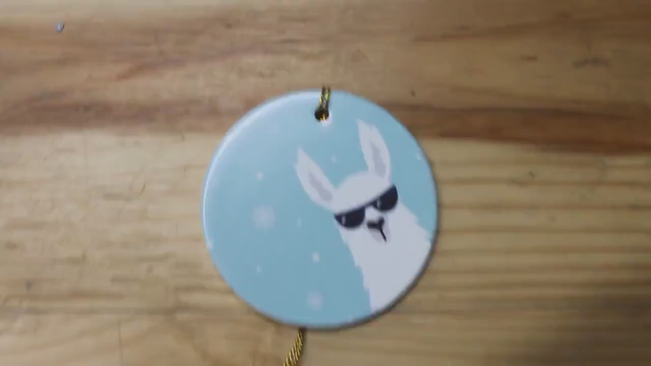Cool Llama Baby Holiday Ceramic Christmas tree Decoration Animal Ornament Decor Circle Sign Gift Cute Winter Hanging Circle Blue Sunglasses