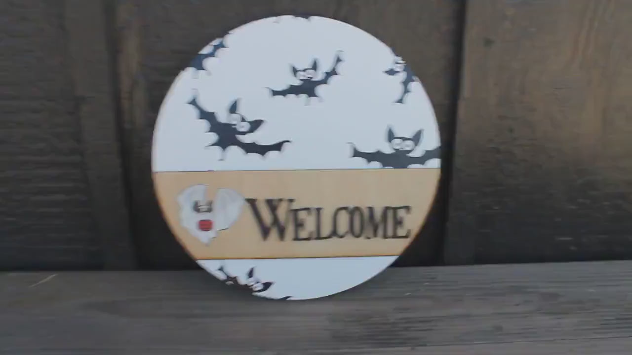 3D Halloween Welcome Sign – Layered Bat Door Hanger – Printed Wood Round Fall Porch Decor – Spooky Cute Halloween Wall Sign