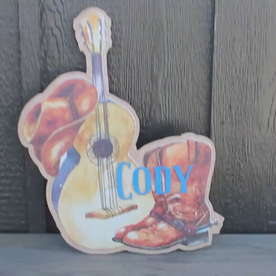 Custom Western Wood Sign: Cowboy Boots, Guitar, Personalized Nursery Decor