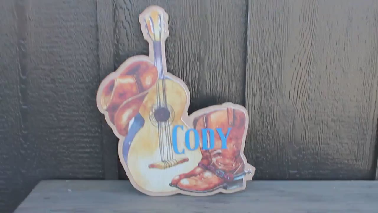 Custom Western Wood Sign: Cowboy Boots, Guitar, Personalized Nursery Decor