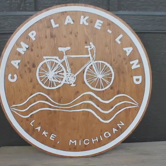 Custom Round Wood Business Sign: 3D Layered Camp & Bike Logo