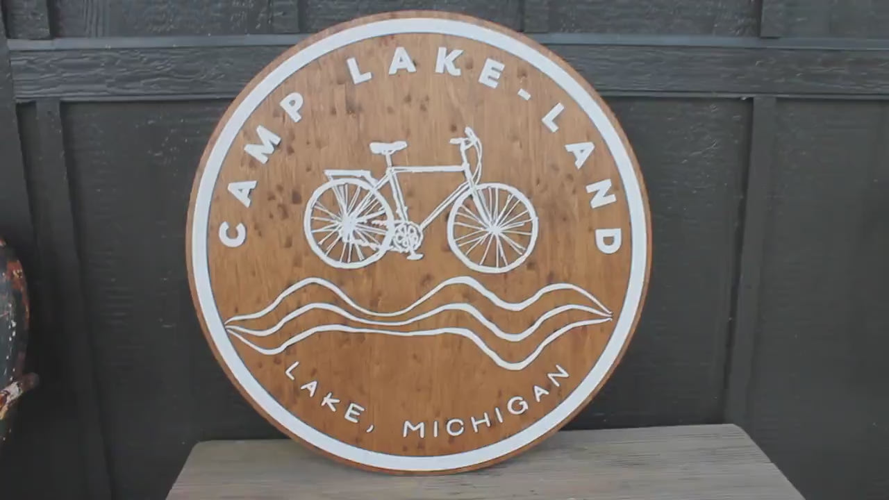 Custom Round Wood Business Sign: 3D Layered Camp & Bike Logo