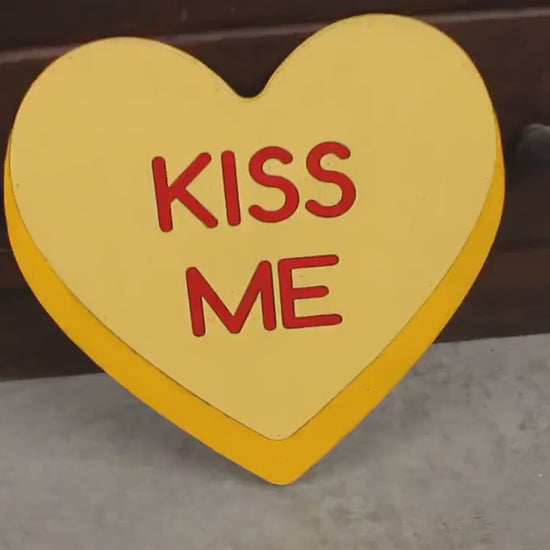 Wooden Kiss Me Yellow Candy Conversation Heart Cutout Valentines Day Gift Photography Prop Handmade Homedecor Raised 3D Sign Wall Art