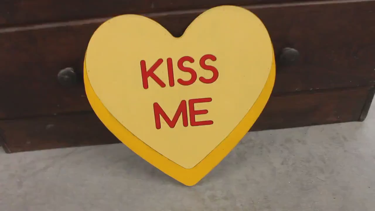 Wooden Kiss Me Yellow Candy Conversation Heart Cutout Valentines Day Gift Photography Prop Handmade Homedecor Raised 3D Sign Wall Art