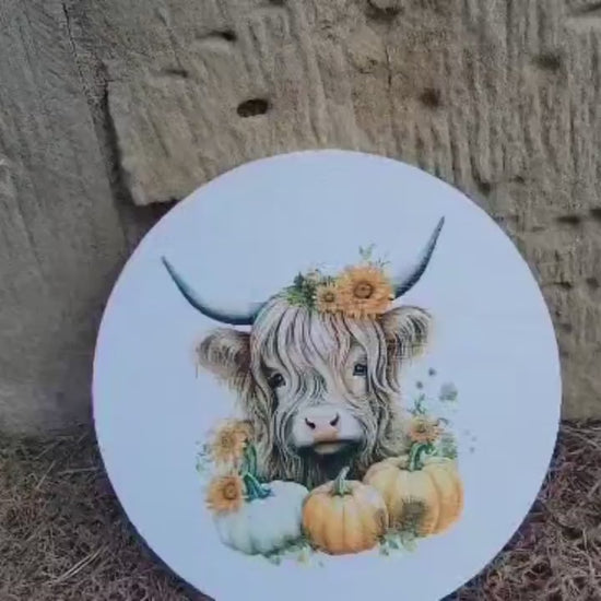 Cow Furry Highland Sign Flower Sunflower Printed Cow Lovers Porch Pumpkin Autumn Girl PVC Weatherproof Doorhanger Outdoor Use