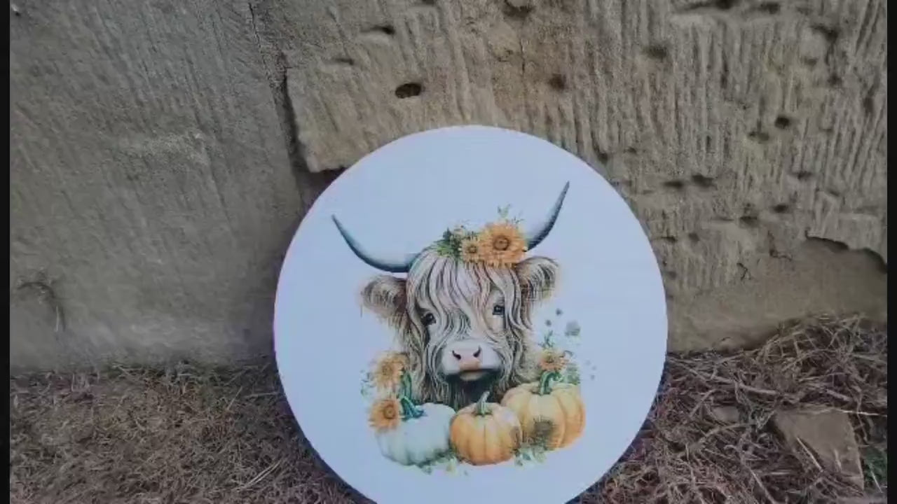 Cow Furry Highland Sign Flower Sunflower Printed Cow Lovers Porch Pumpkin Autumn Girl PVC Weatherproof Doorhanger Outdoor Use