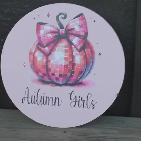 Pumpkin Disco PVC Autumn Girls Fall Retro Midcentury Modern Pink Gourd Door Hanger Art Halloween Decoration