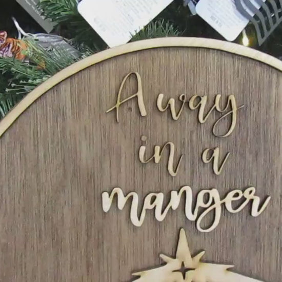 Christmas Away In A Manger Jesus Birth of Christ Faith Winter Decor Wooden Natural Gift Round Holiday Handmade Wall Hanging Sign 3D