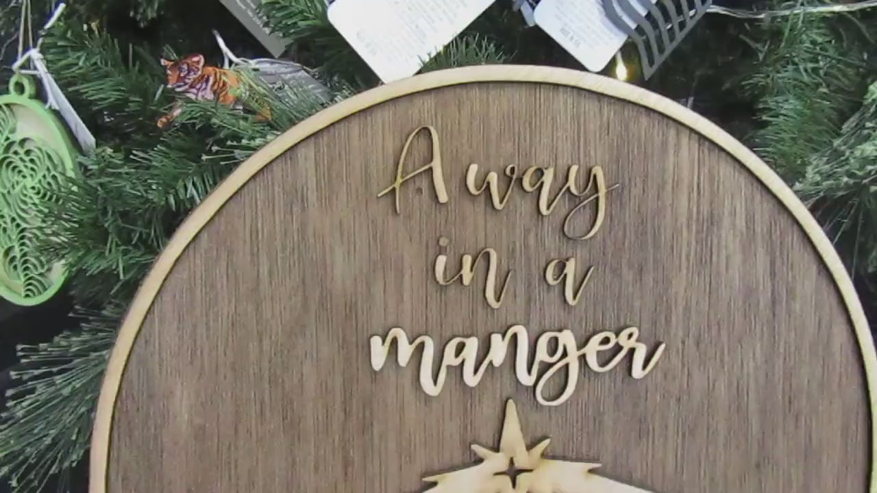 Christmas Away In A Manger Jesus Birth of Christ Faith Winter Decor Wooden Natural Gift Round Holiday Handmade Wall Hanging Sign 3D