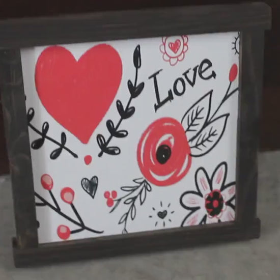 Love Floral Heart Sign – Romantic Wall Art for Bedroom or Entryway – Valentine’s Day Wood Framed Decor – Red Heart Botanical Artwork